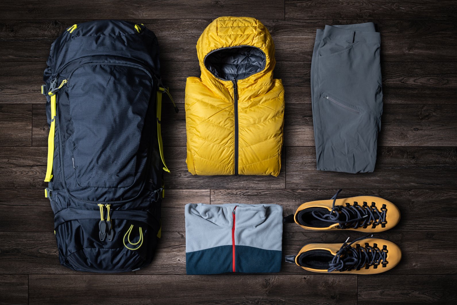 Hiking equipment flat lay